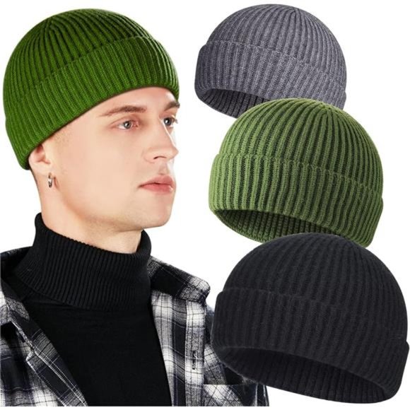3 Pack Wool Fisherman Beanies for Men, Short Knit Watch Cap Cuffed Trawler Hats - Picture 1 of 6